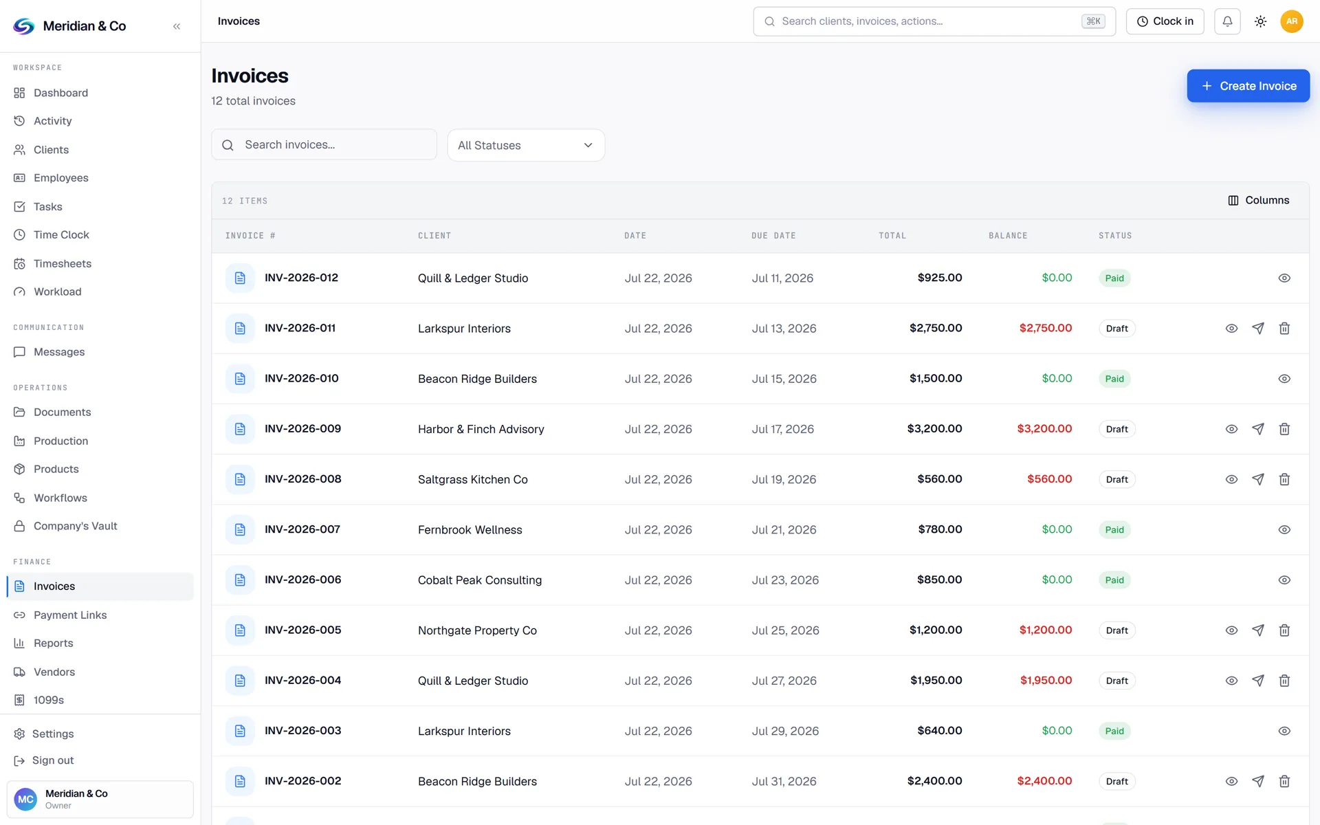 EasyFlow360 client portal: invoices with paid and draft statuses